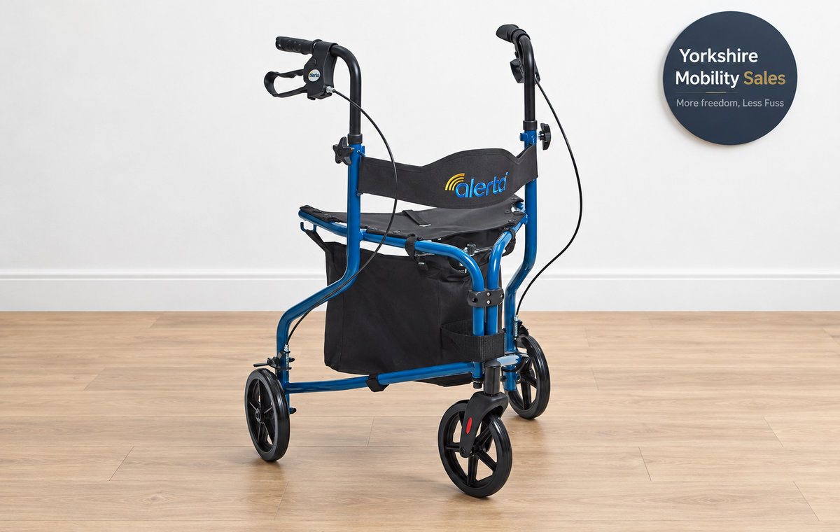 Blue Alerta Three-Wheel Aluminium Walker with seat and storage bag