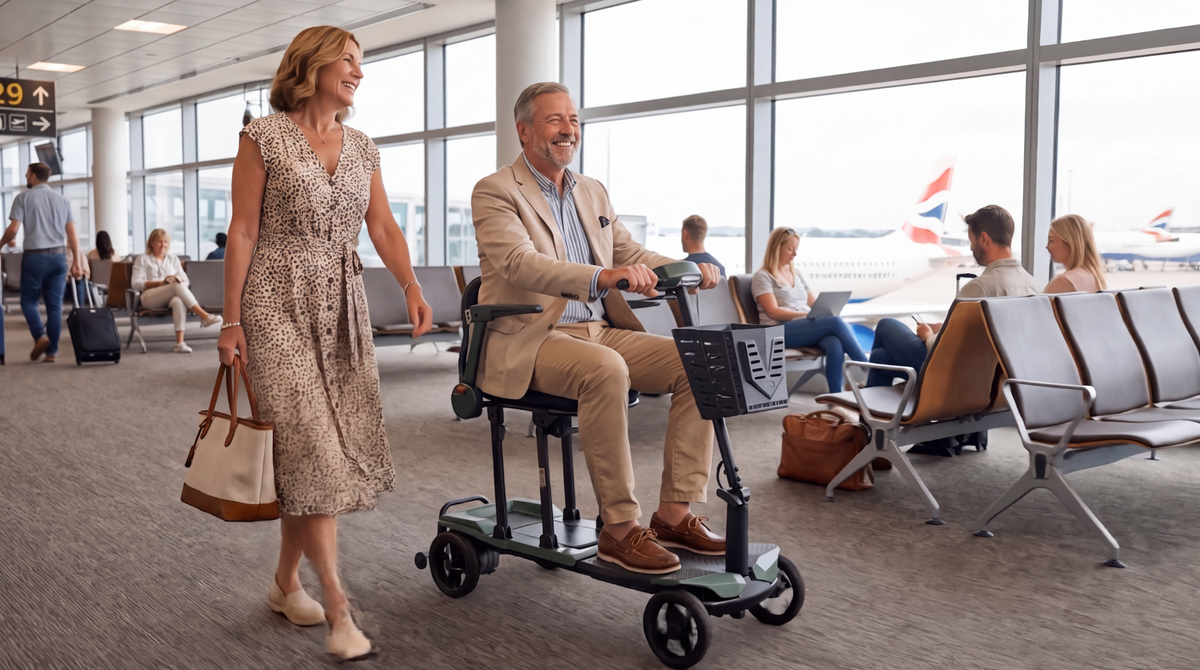 Monarch Air Carbon mobility scooter in an airport travel setting