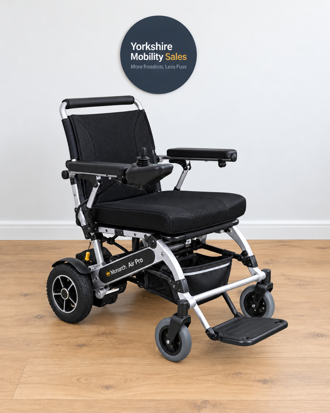 Monarch Air Pro powerchair on Yorkshire Mobility Sales showroom background