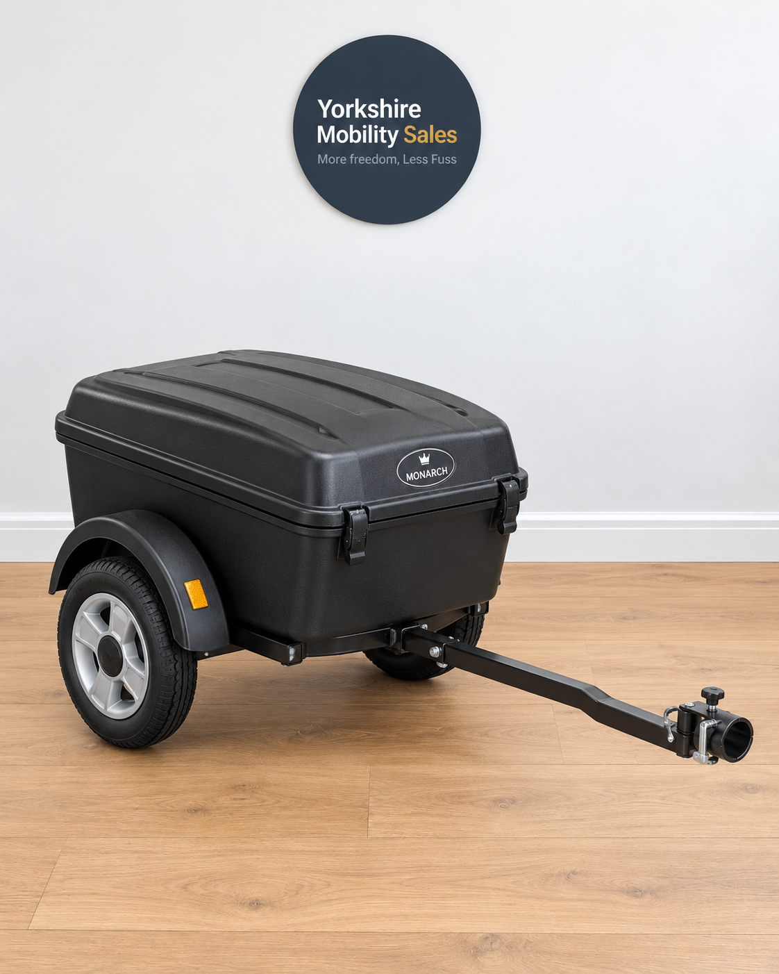 Monarch mobility cargo trailer on Yorkshire Mobility Sales showroom background