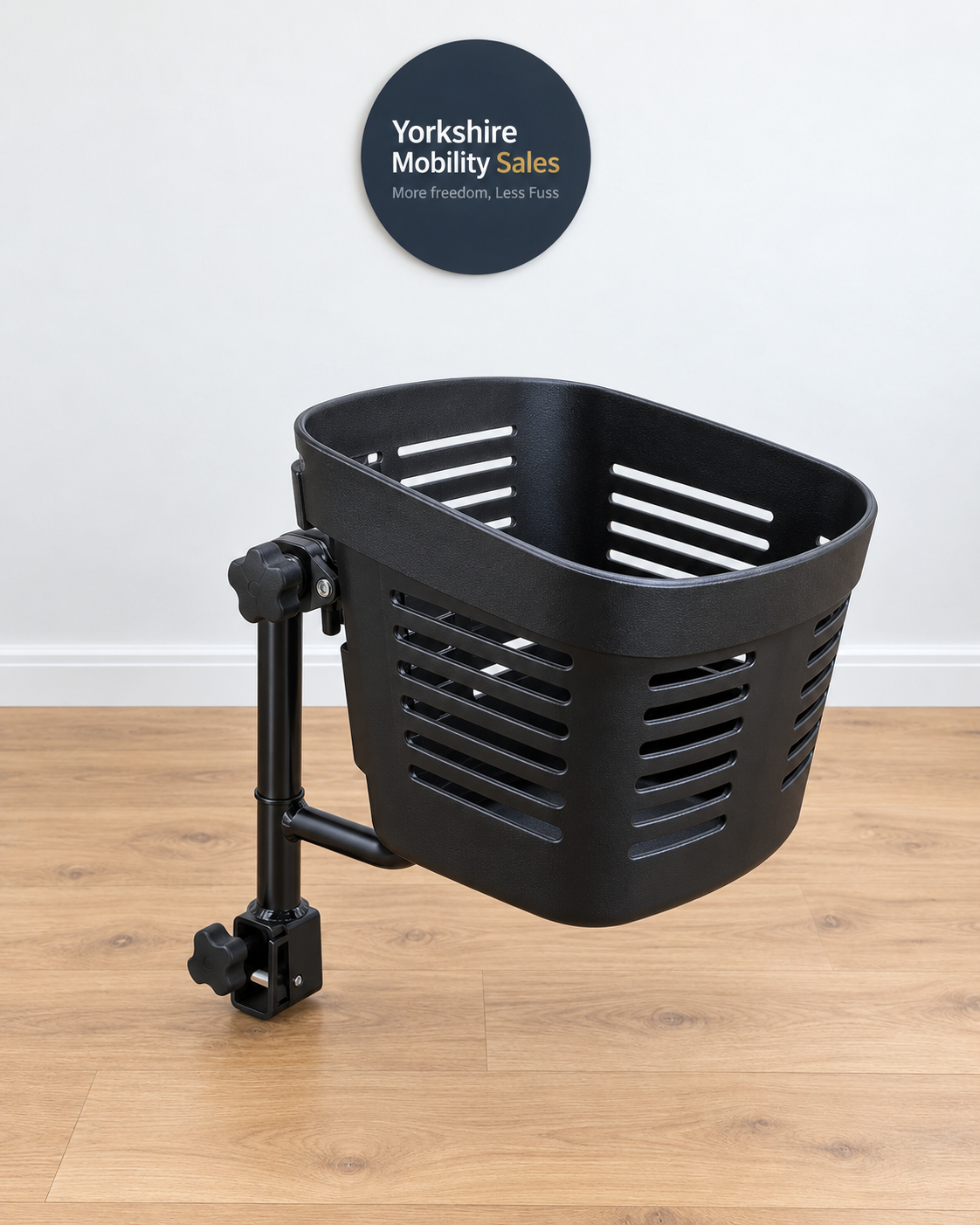 Monarch Genie front basket on Yorkshire Mobility Sales showroom background
