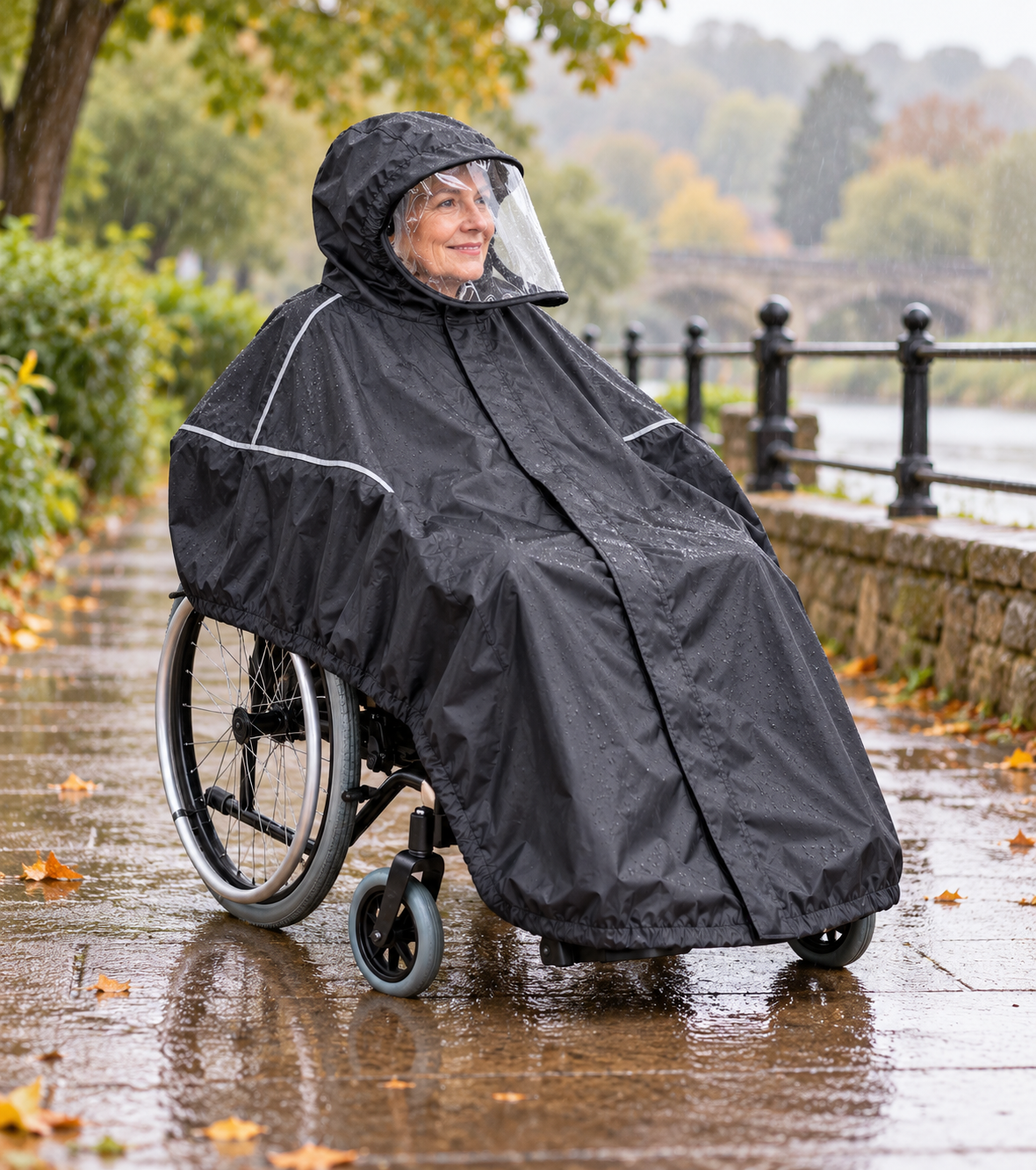 Wheelchair rain cape shown outdoors in wet weather