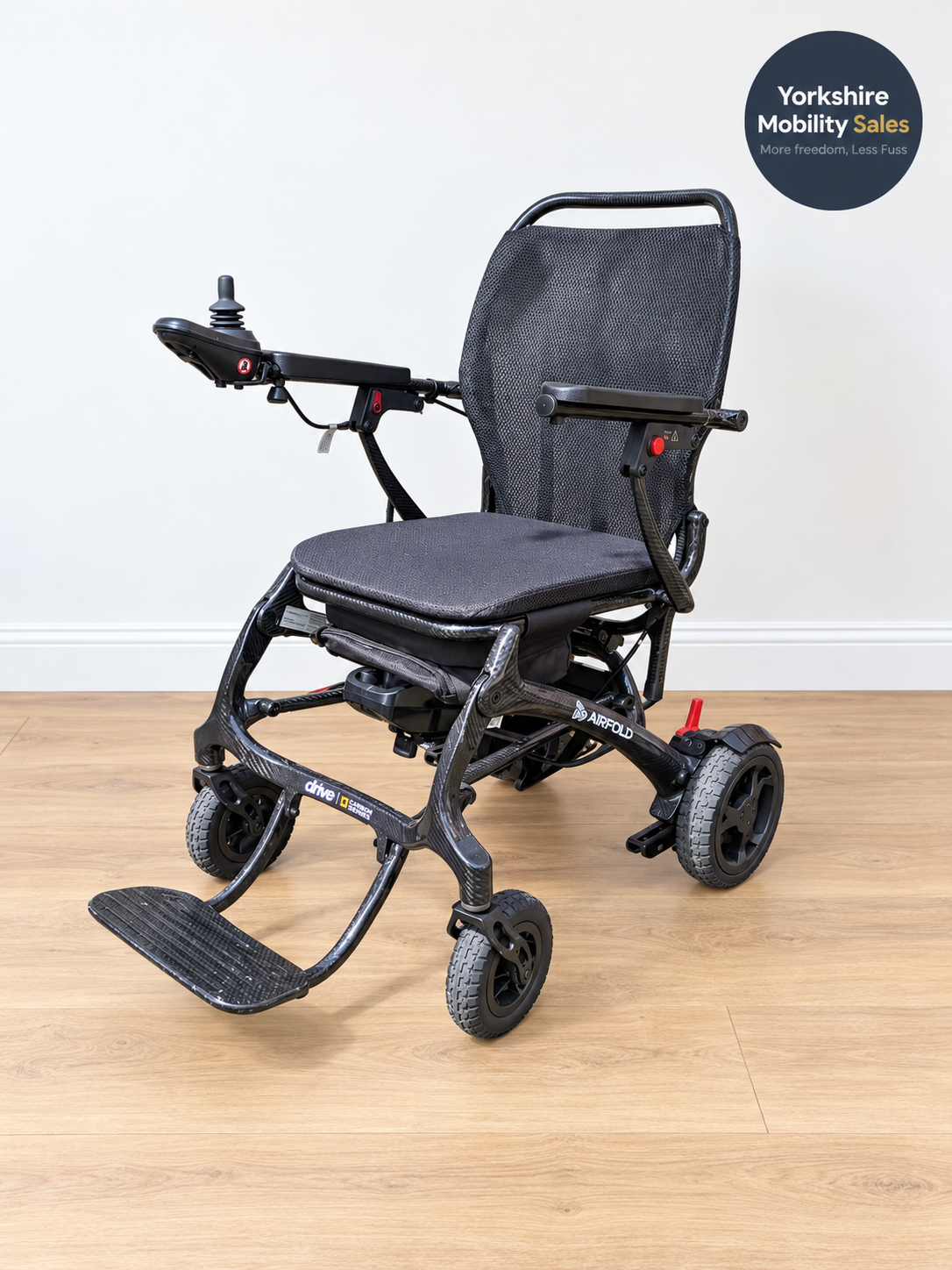Preloved Drive AirFold carbon fibre powerchair – front three-quarter