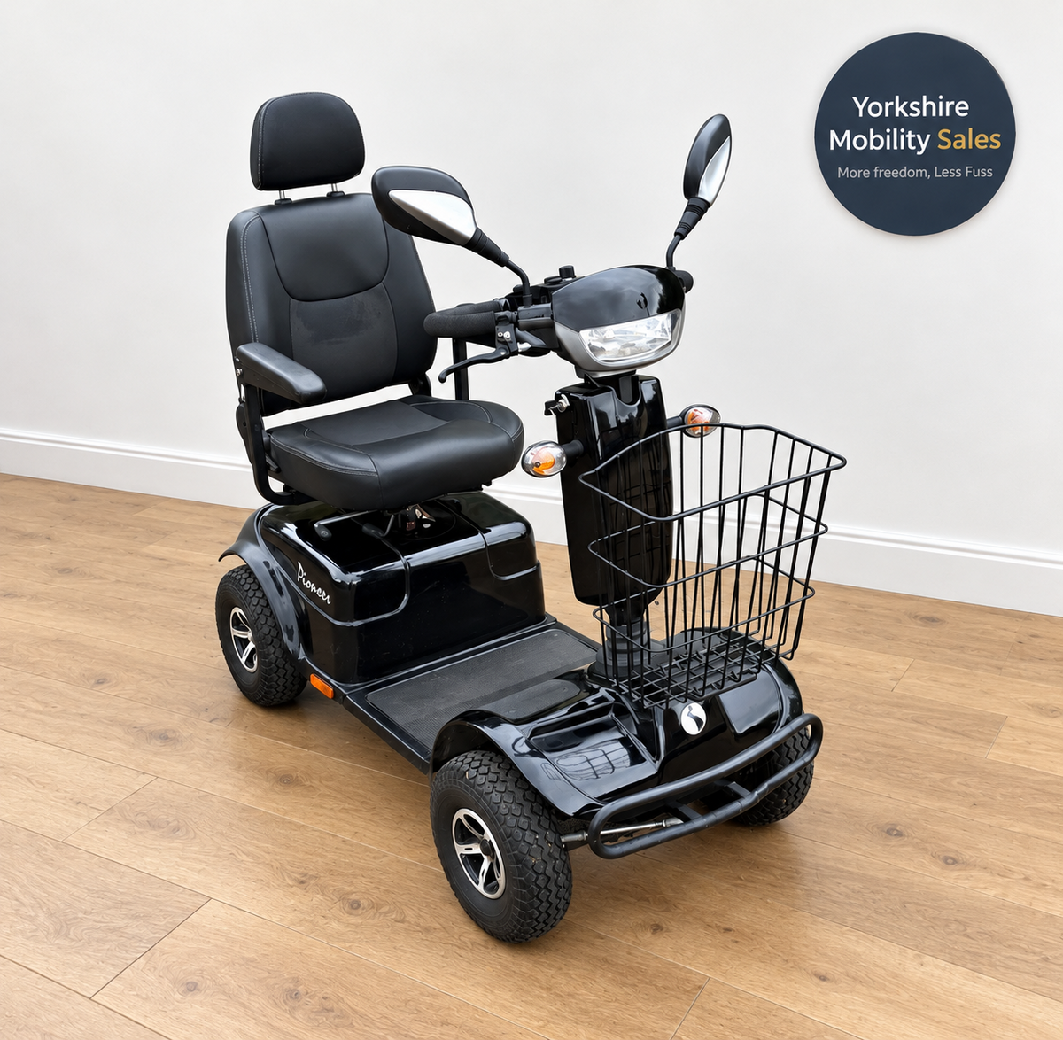 Preloved Rascal Pioneer 8mph Class 3 mobility scooter in black - front three-quarter view