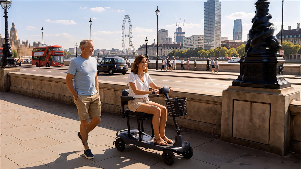 Monarch Genie Ultralight mobility scooter in a London lifestyle setting