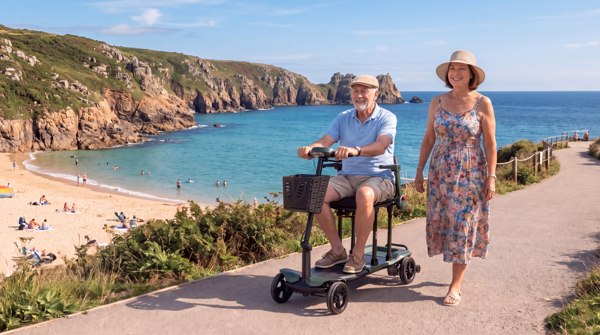 Monarch Air Carbon mobility scooter in a coastal lifestyle setting