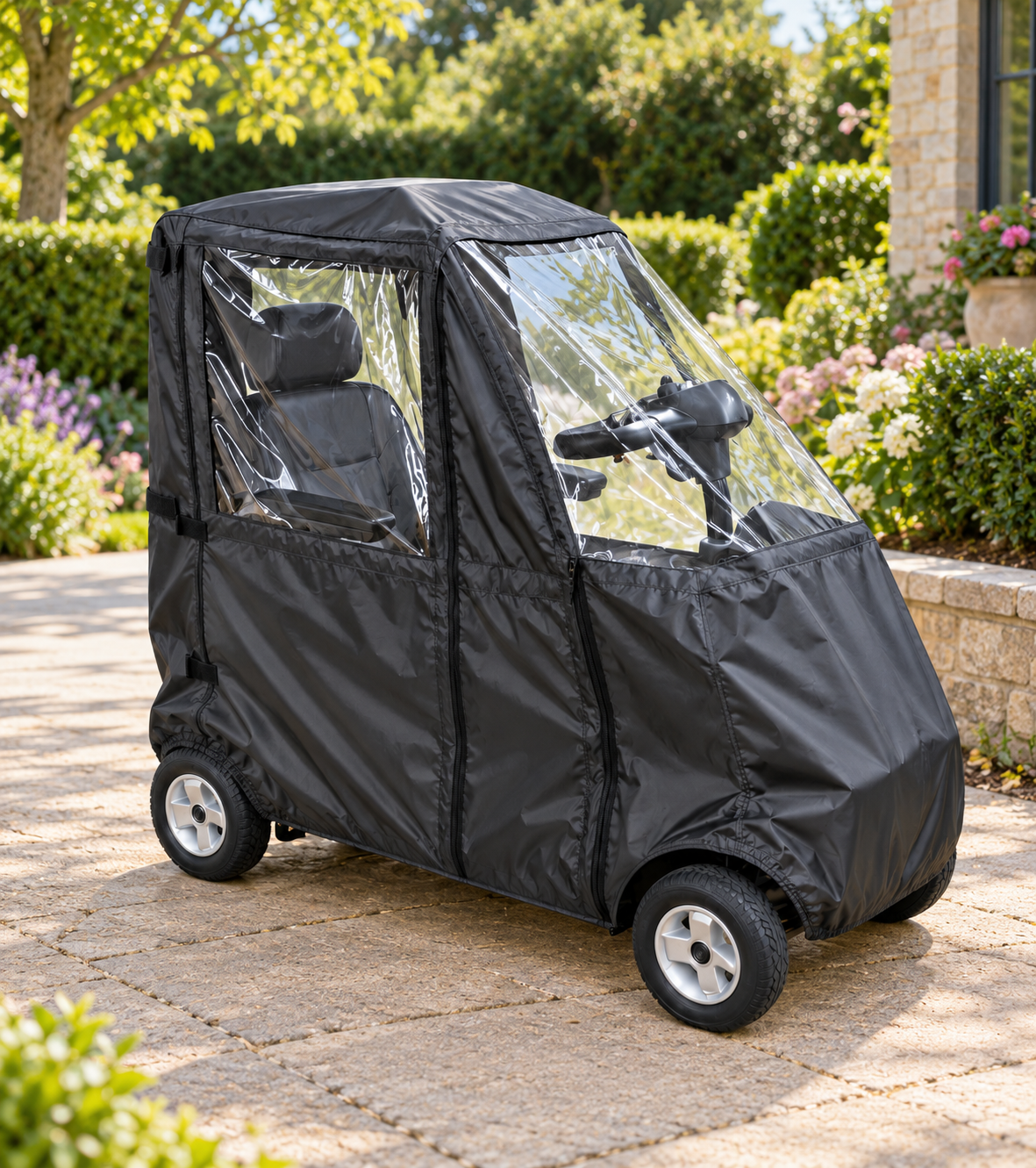 Mobility scooter rain cover shown outdoors